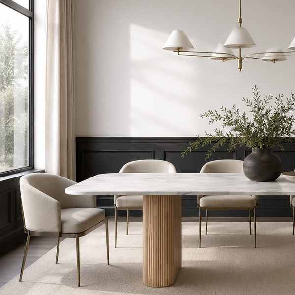 Modern Marble Dining Table with Fluted Oak Pedestal Base – Contemporary Rectangular Dining Table