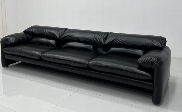 Modern Black Leather Sofa with Adjustable Backrest