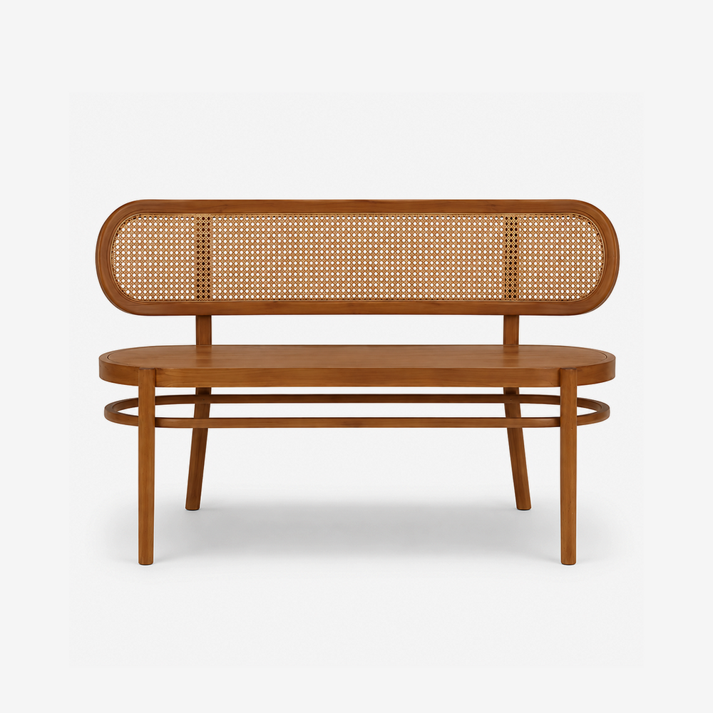 Modern Cane Bench with Upholstered Seat – Wooden Entryway & Dining Bench