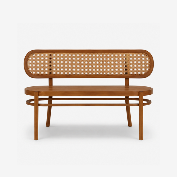 Modern Cane Bench with Upholstered Seat – Wooden Entryway & Dining Bench