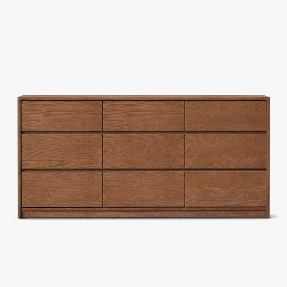 Modern Light Oak 9-Drawer Wide Bedroom Dresser with Recessed Pulls