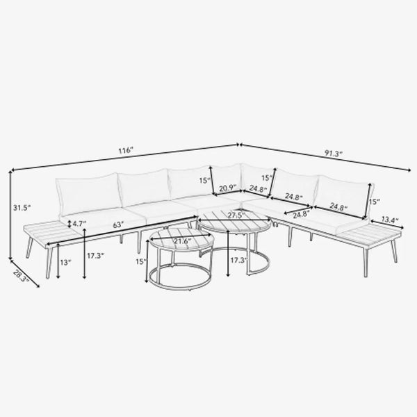 Modern Acacia Wood Outdoor Sectional Sofa Set – 6-Piece Patio Conversation Set with Coffee Tables