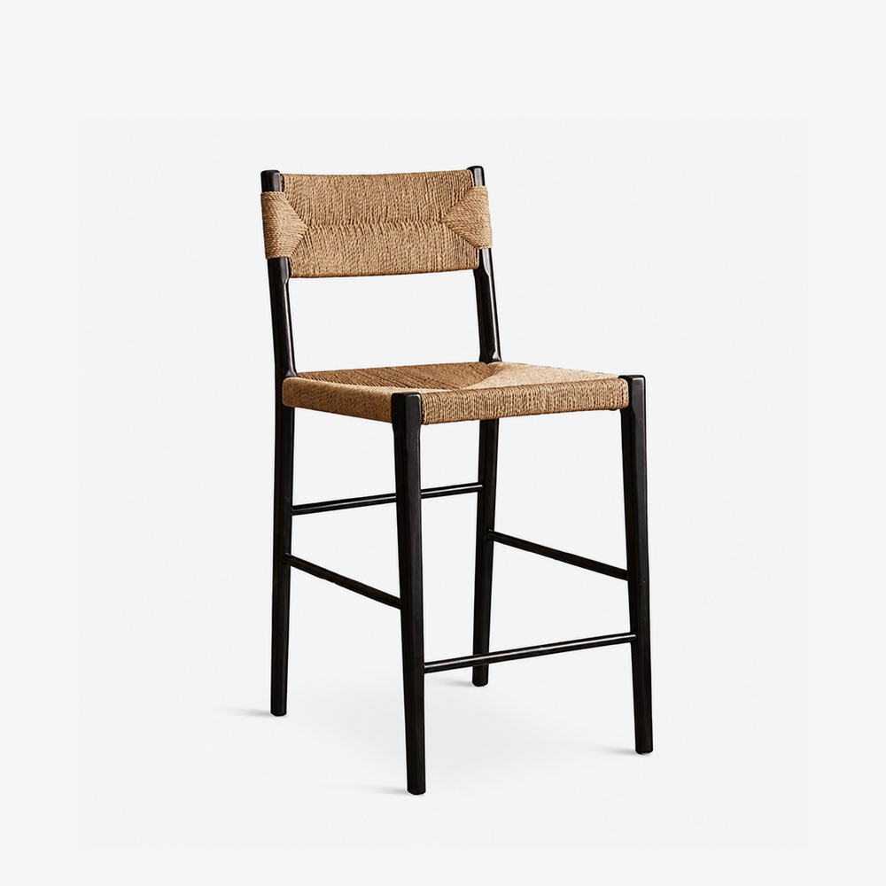 Modern Woven Bar Stool with Solid Wood Frame | Natural Rope Kitchen Stool