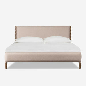 Mid-Century Modern Oatmeal Upholstered Platform Bed with Bobbin Wood Detail