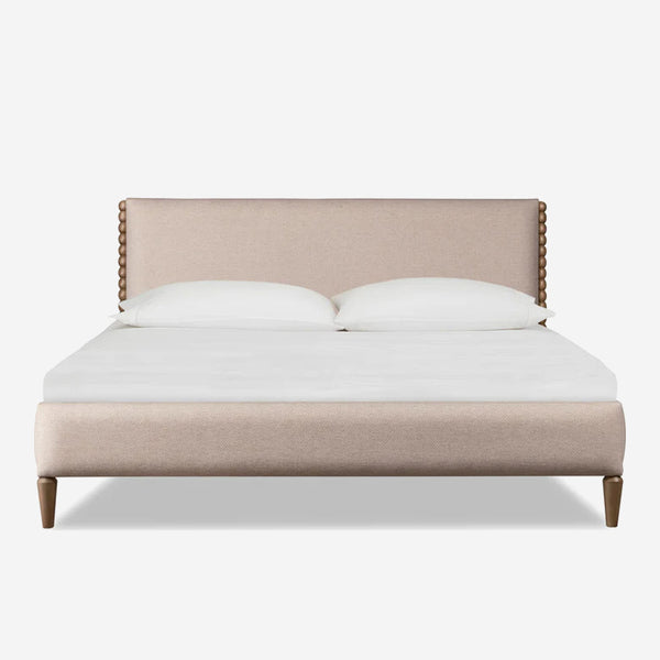 Mid-Century Modern Oatmeal Upholstered Platform Bed with Bobbin Wood Detail