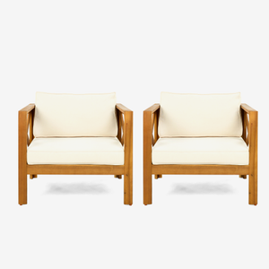 Modern Acacia Wood Outdoor Lounge Chair Set of 2 – Weather-Resistant Patio Armchairs with Cushions