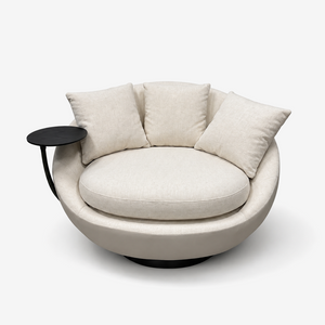 Modern Round Swivel Cuddler Chair with Integrated Tray Table - Oversized Cream Bouclé Lounge Armchair - 360-Degree Rotating Deep Seat Accent Chair for Living Room & Bedroom