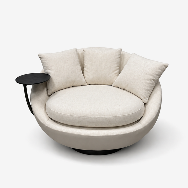 Modern Round Swivel Cuddler Chair with Integrated Tray Table - Oversized Cream Bouclé Lounge Armchair - 360-Degree Rotating Deep Seat Accent Chair for Living Room & Bedroom