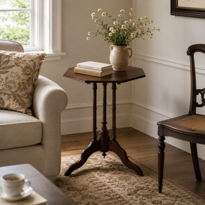 Vintage Solid Wood Side Table – Traditional Octagonal Accent Table with Turned Pedestal Base