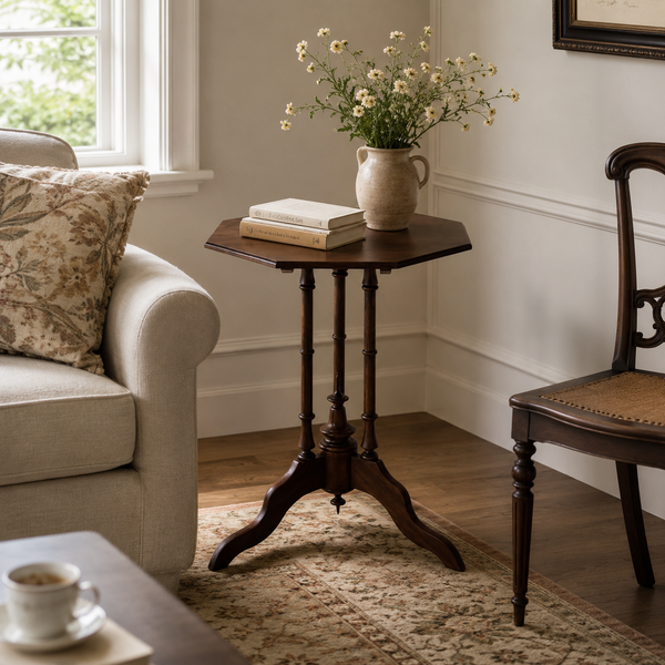 Vintage Solid Wood Side Table – Traditional Octagonal Accent Table with Turned Pedestal Base