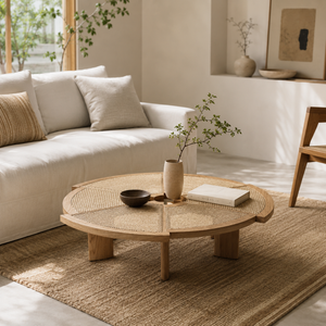 Modern Round Oak Coffee Table with Woven Cane Top – Solid Wood Low Center Table