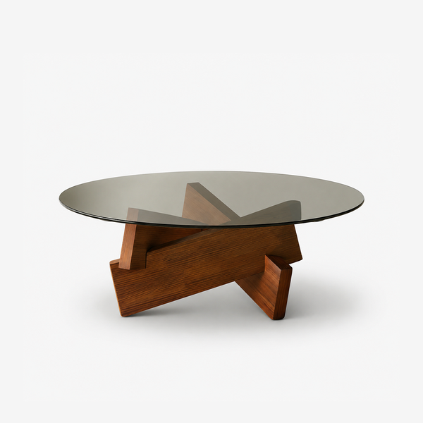 Modern Round Coffee Table for Living Room, 27.5" x 27.5" x 12.2" Mid Century Center Table with Tempered Glass Top and Wood, Walnut