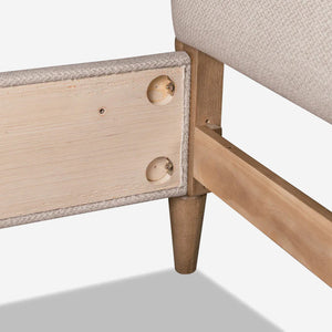 Mid-Century Modern Oatmeal Upholstered Platform Bed with Bobbin Wood Detail
