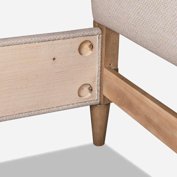 Mid-Century Modern Oatmeal Upholstered Platform Bed with Bobbin Wood Detail