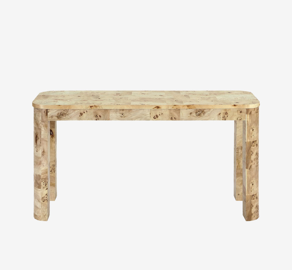 Hollywood Regency Burl Wood Desk | Sculptural Waterfall Entry Table with Unique Grain