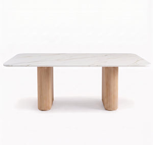 Modern Organic Marble & Slatted Wood Dining Table