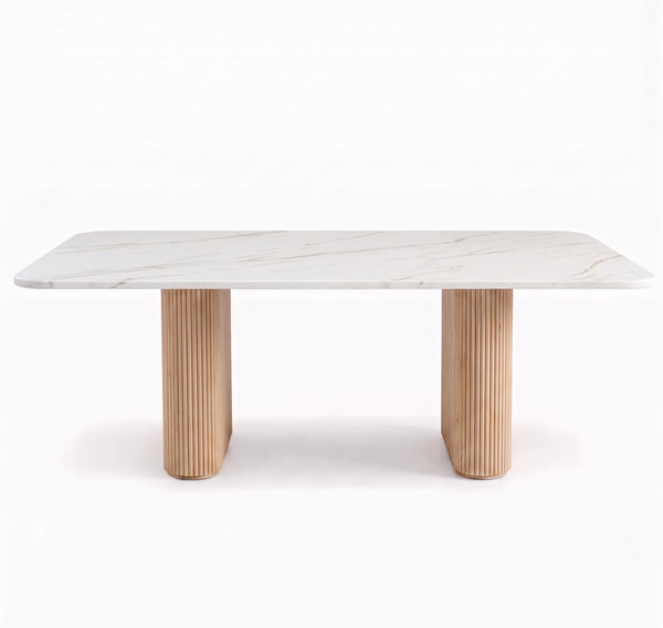 Modern Organic Marble & Slatted Wood Dining Table