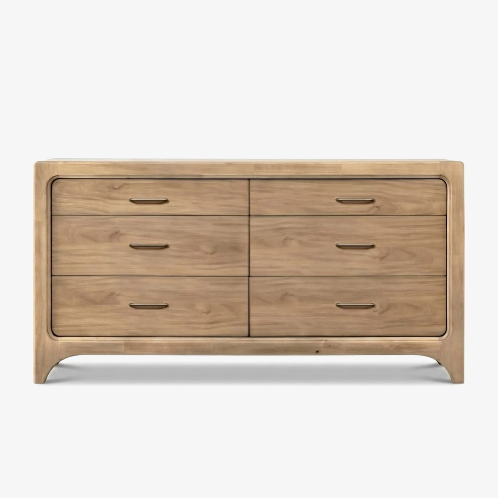 Modern Natural Wood 6-Drawer Bedroom Dresser with Rounded Corners