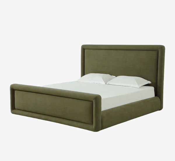 Olive Green Ribbed Corduroy Upholstered Platform Bed with Padded Footboard