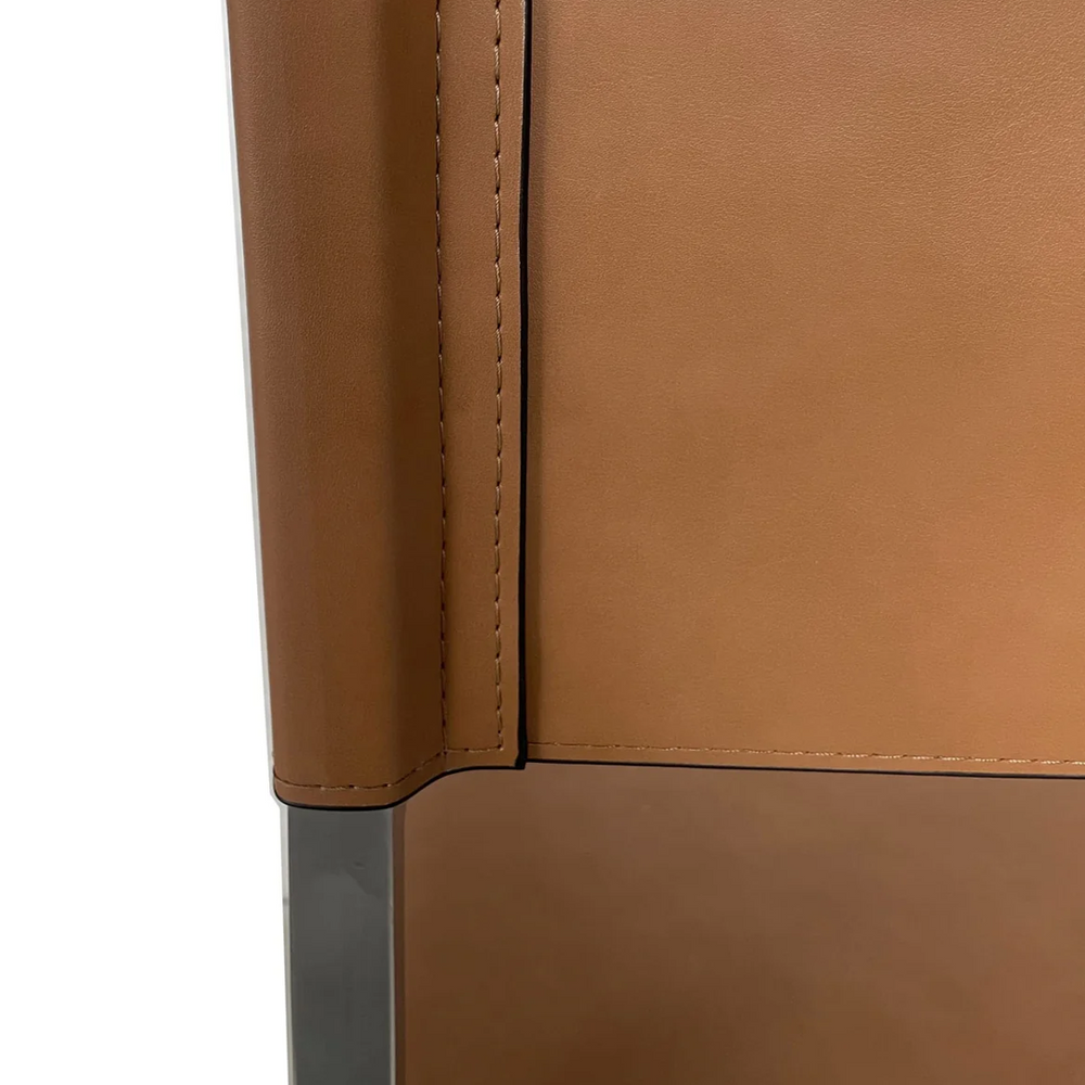 Modern Coastal Director's Dining Arm Chair - Cognac Synthetic Leather & Brushed Stainless Steel Frame