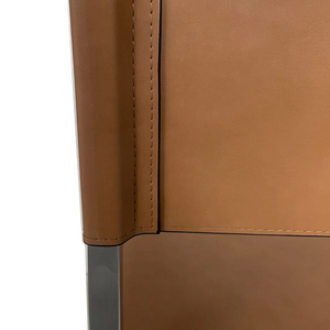 Modern Coastal Director's Dining Arm Chair - Cognac Synthetic Leather & Brushed Stainless Steel Frame