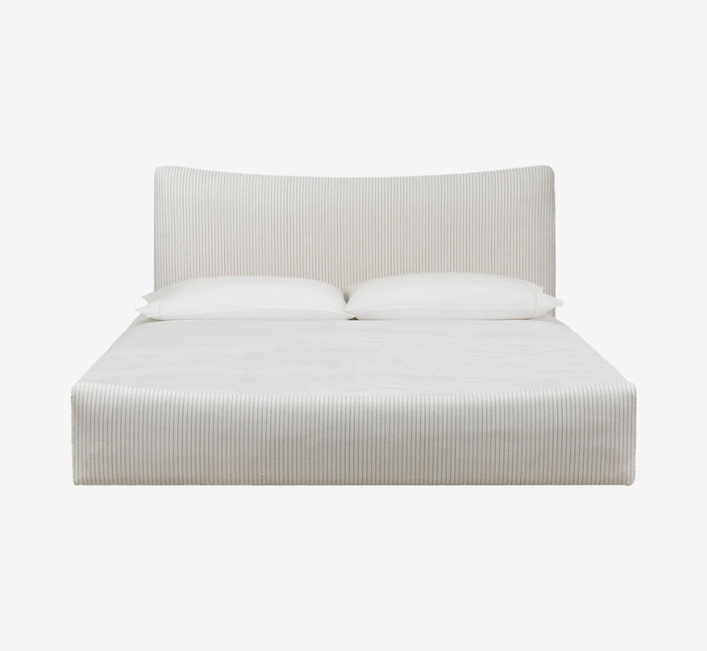 Modern Pinstripe Upholstered Platform Bed with Curved Wingback Headboard