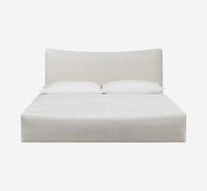 Modern Pinstripe Upholstered Platform Bed with Curved Wingback Headboard