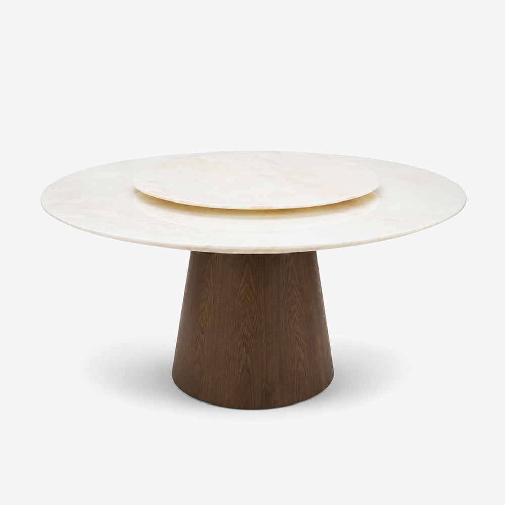 Modern Luxury Round White Marble Dining Table with Solid Wood Pedestal Base
