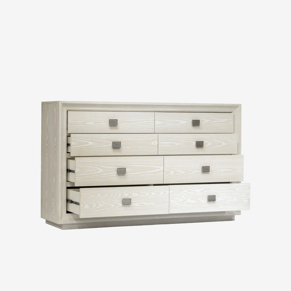 Modern Light Oak 8-Drawer Double Dresser | Coastal White Wash Wooden Storage Chest for Bedroom