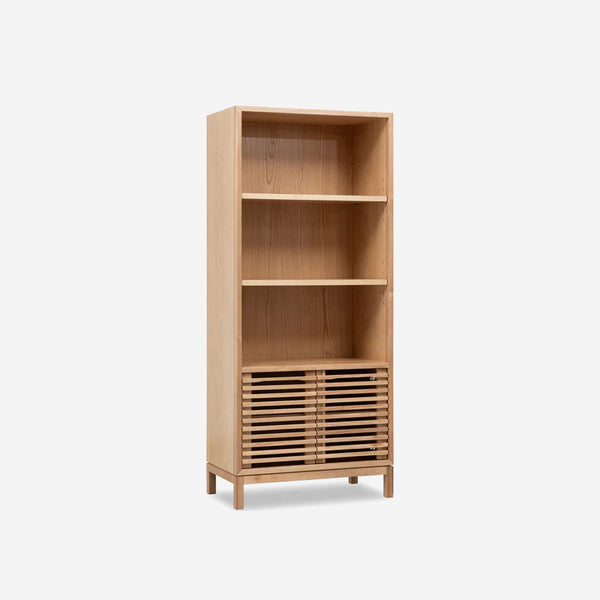 Japandi Style Double-Door Bookcase – Minimalist Wood Display Cabinet for Modern Home Office