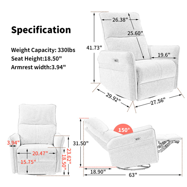 270° Power Swivel Rocker Recliner Chair for Adults, Swivel Rocking Recliner Chair,Electric Small Recliners for Small Spaces, Single Sofa Recliner for Living Room, Bedroom,RV (Fabric Gray+270°Swivel)