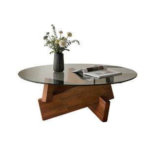 Modern Round Coffee Table for Living Room, 27.5" x 27.5" x 12.2" Mid Century Center Table with Tempered Glass Top and Wood, Walnut