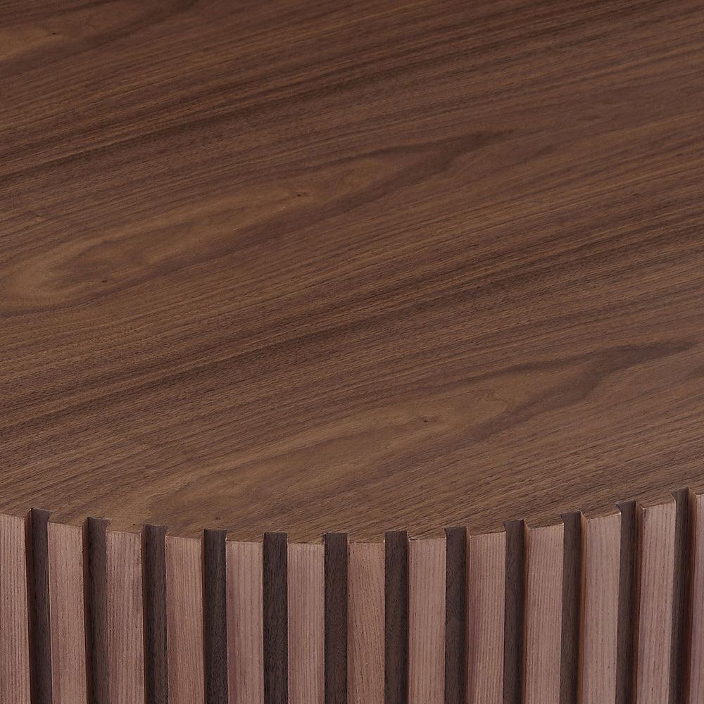 35.4" Round Fluted Drum Coffee Table - Walnut Finish Mushroom Pedestal Table for Small Spaces