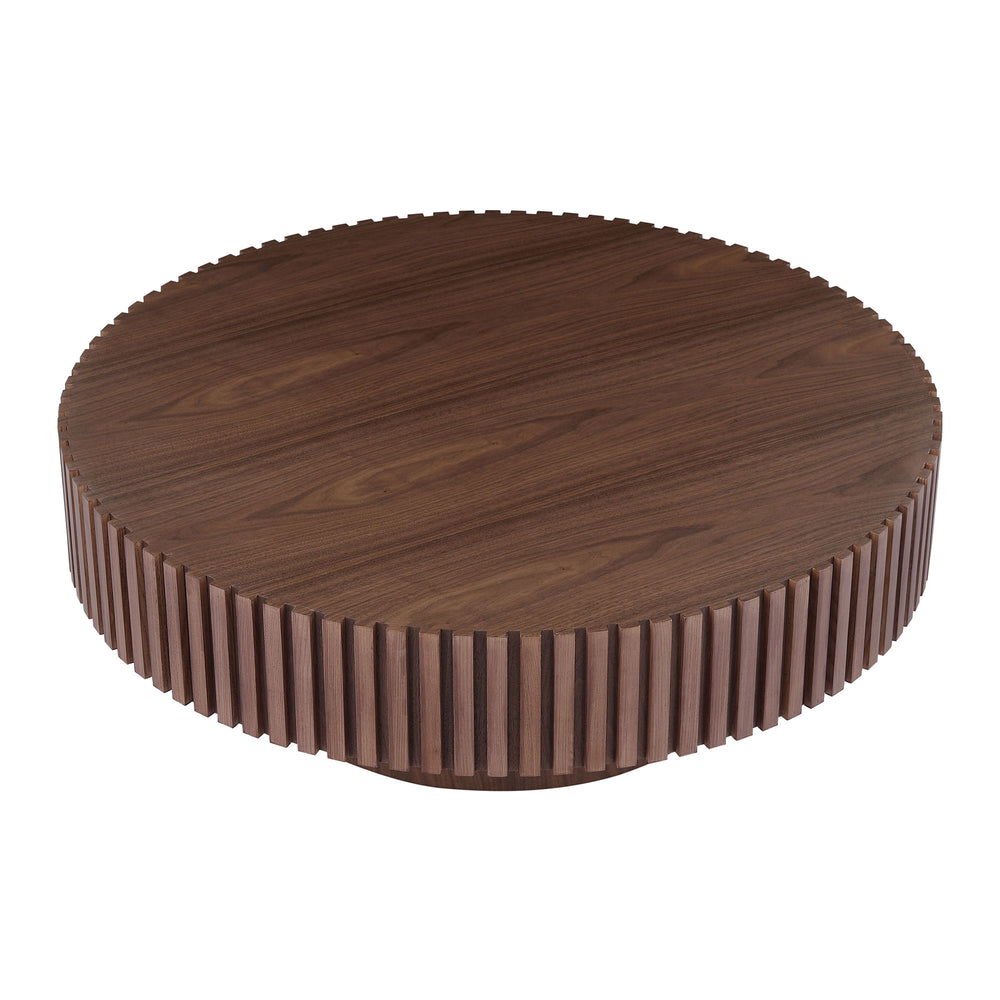 35.4" Round Fluted Drum Coffee Table - Walnut Finish Mushroom Pedestal Table for Small Spaces