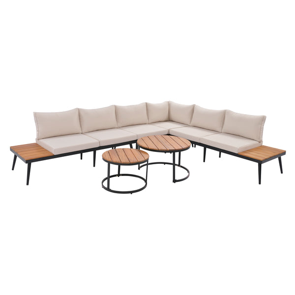 TREXM 6-Piece Outdoor Sectional Sofa Set with Round Nesting Coffee Tables and Seating Sofa with Cushions for Patio, Porch and Garden (Beige)