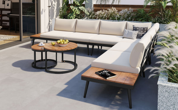 TREXM 6-Piece Outdoor Sectional Sofa Set with Round Nesting Coffee Tables and Seating Sofa with Cushions for Patio, Porch and Garden (Beige)