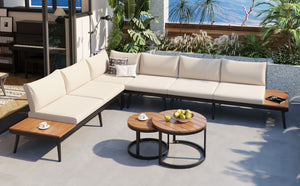 TREXM 6-Piece Outdoor Sectional Sofa Set with Round Nesting Coffee Tables and Seating Sofa with Cushions for Patio, Porch and Garden (Beige)