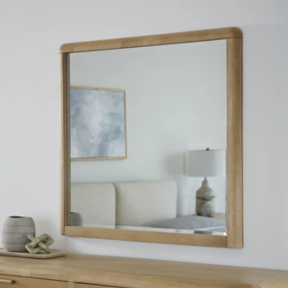 Natural Oak Wood Framed Mirror with Rounded Corners | Modern Bedroom Dresser Mirror