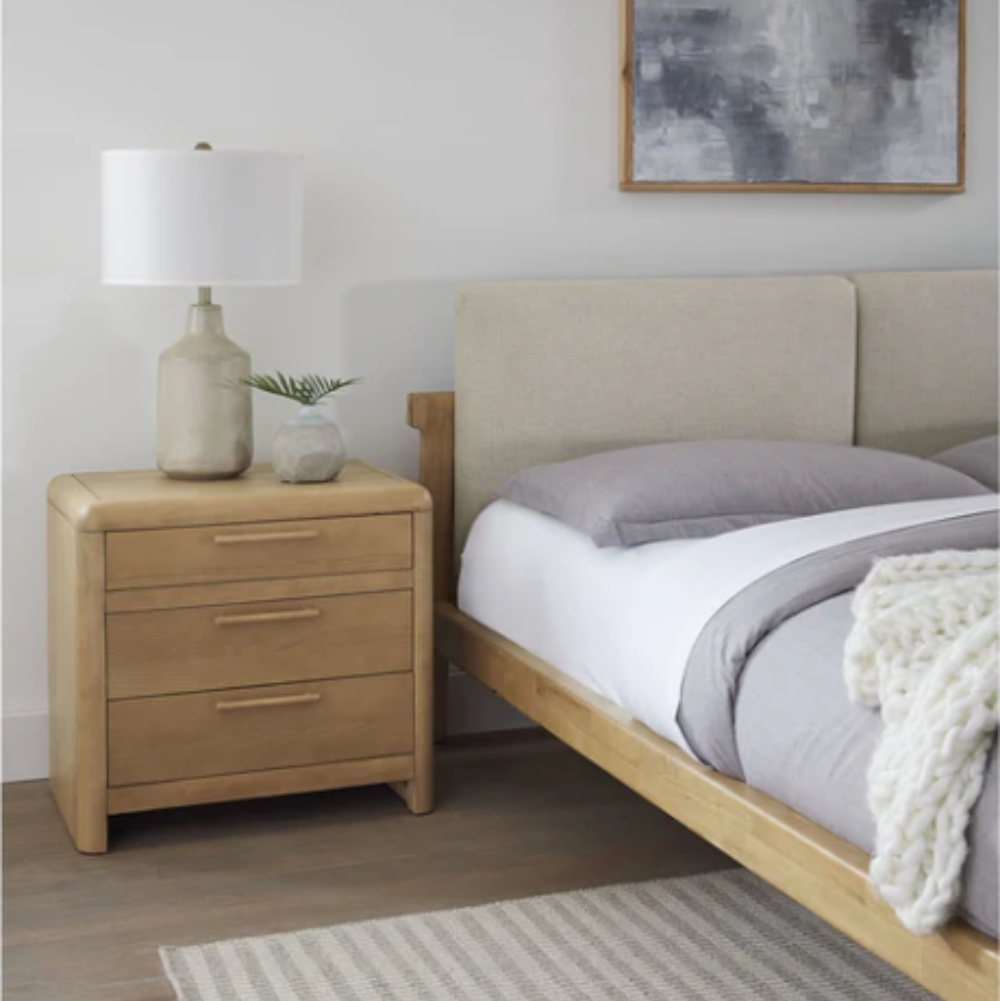 Natural Oak 3-Drawer Nightstand | Modern Rounded Corner Bedside Table