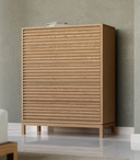 Modern Horizontal Slatted 5-Drawer Highboy | Textured Wood Bedroom Storage Cabinet
