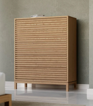 Modern Horizontal Slatted 5-Drawer Highboy | Textured Wood Bedroom Storage Cabinet