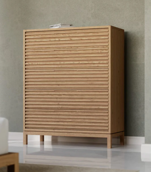 Modern Horizontal Slatted 5-Drawer Highboy | Textured Wood Bedroom Storage Cabinet
