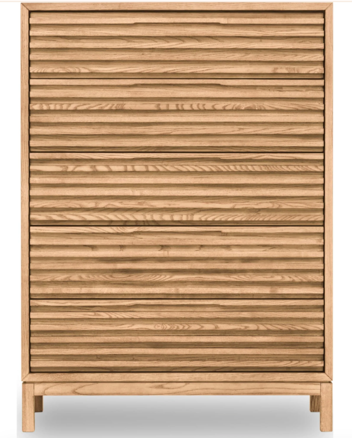 Modern Horizontal Slatted 5-Drawer Highboy | Textured Wood Bedroom Storage Cabinet