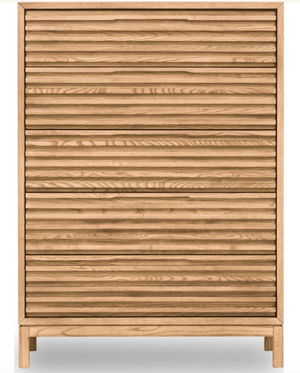 Modern Horizontal Slatted 5-Drawer Highboy | Textured Wood Bedroom Storage Cabinet