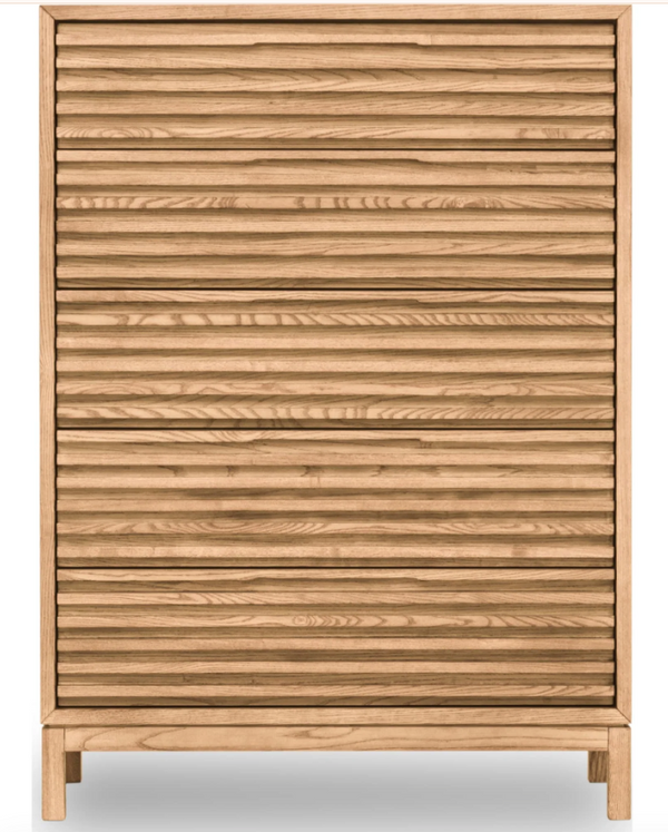 Modern Horizontal Slatted 5-Drawer Highboy | Textured Wood Bedroom Storage Cabinet