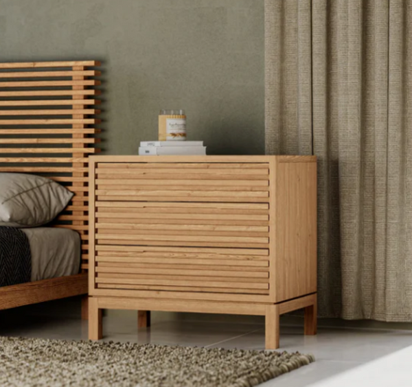 Oak 3-Drawer Nightstand | Slatted Wood Bedside Chest of Drawers