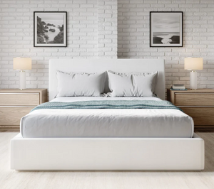 Minimalist White Linen Upholstered Platform Bed | Modern Fabric Bed Frame