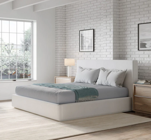 Minimalist White Linen Upholstered Platform Bed | Modern Fabric Bed Frame
