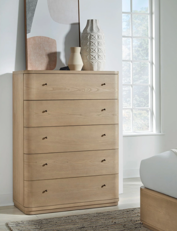 Slim 5-Drawer Oak Storage Cabinet for Bedroom | Space-Saving Vertical Wood Chest