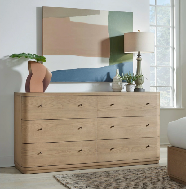 Natural Oak 6-Drawer Double Dresser | Modern Wood Bedroom Chest with Rounded Corners